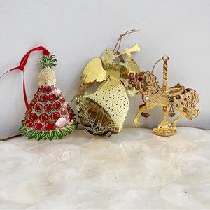 Gold Tone Laser Cut Angel Pineapple Carousel Horse Ornament Set
